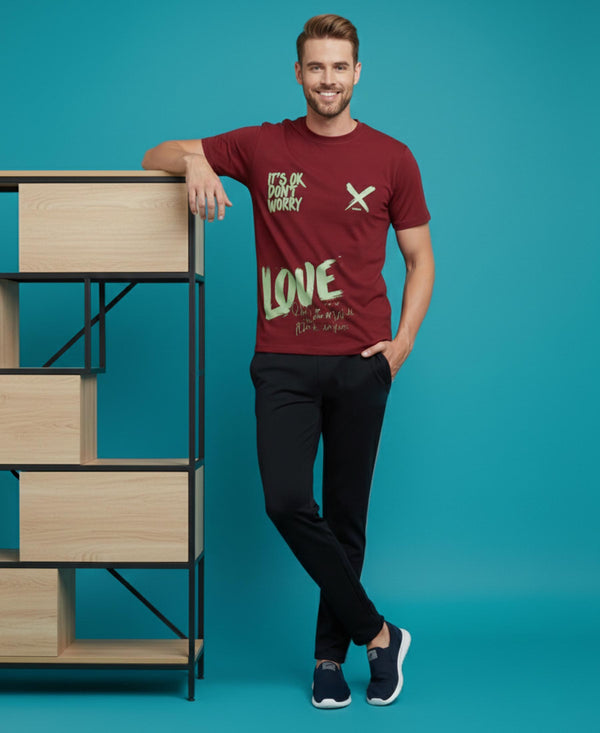 T.T. Men’s Printed Cotton Blend | Graphic Round Neck T-Shirt & Slim Fit Track Pants | Casual Co-ord Set for Men