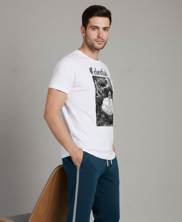 T.T. Men’s Printed Cotton Blend | Graphic Round Neck T-Shirt & Slim Fit Track Pants | Casual Co-ord Set for Men