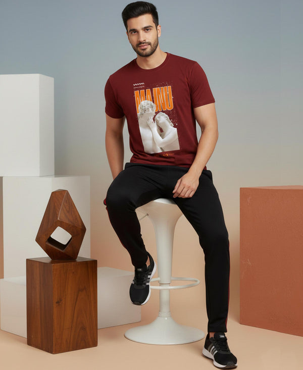 T.T. Men’s Printed Cotton Blend | Graphic Round Neck T-Shirt & Slim Fit Track Pants | Casual Co-ord Set for Men