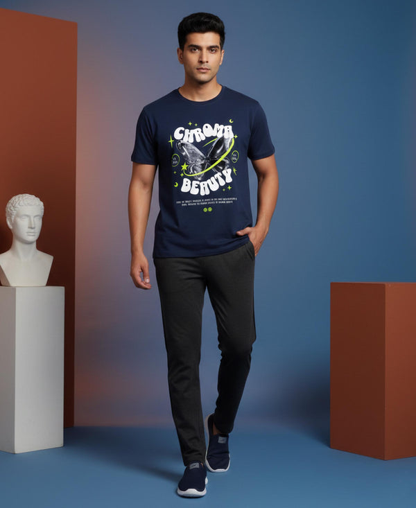 T.T. Men’s Printed Cotton Blend | Graphic Round Neck T-Shirt & Slim Fit Track Pants | Casual Co-ord Set for Men