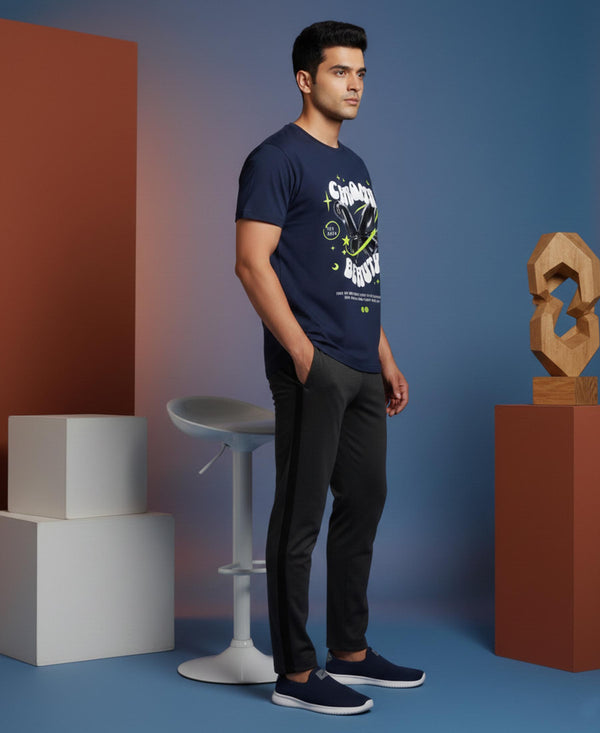 T.T. Men’s Printed Cotton Blend | Graphic Round Neck T-Shirt & Slim Fit Track Pants | Casual Co-ord Set for Men