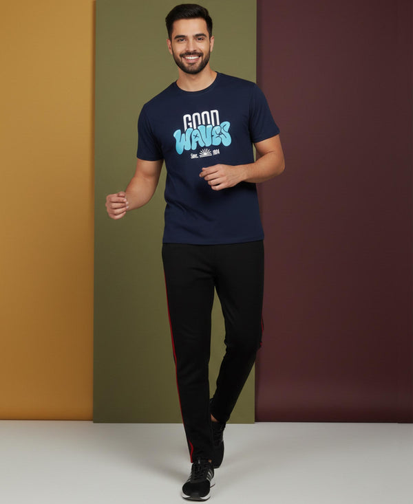 T.T. Men’s Printed Cotton Blend | Graphic Round Neck T-Shirt & Slim Fit Track Pants | Casual Co-ord Set for Men