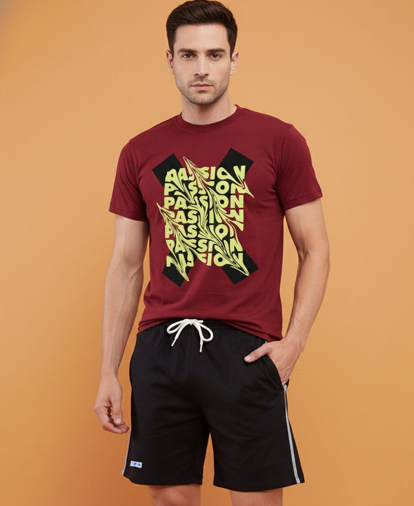 T.T. Men’s Cotton Blend | Printed Round Neck T-Shirt & Regular Fit Shorts | Casual Co-ord Set for Men