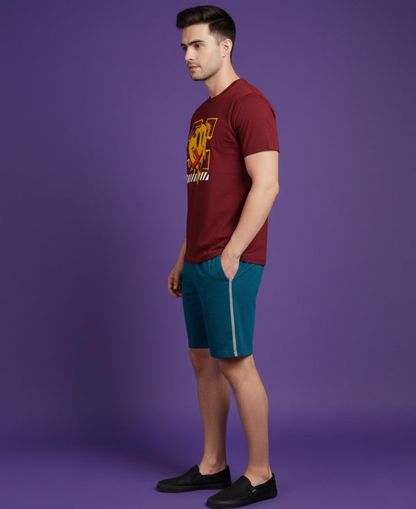 T.T. Men’s Cotton Blend | Printed Round Neck T-Shirt & Regular Fit Shorts | Casual Co-ord Set for Men