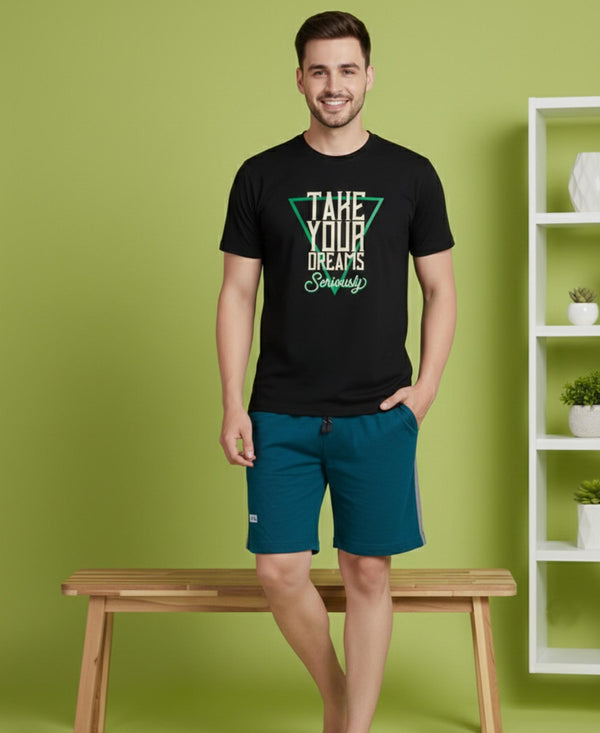 T.T. Men’s Cotton Blend | Printed Round Neck T-Shirt & Regular Fit Shorts | Casual Co-ord Set for Men