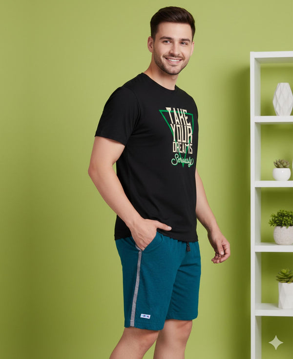 T.T. Men’s Cotton Blend | Printed Round Neck T-Shirt & Regular Fit Shorts | Casual Co-ord Set for Men