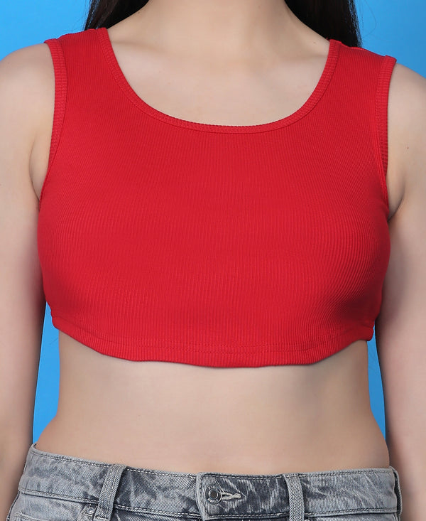 T.T. Women|Ribbed Crop Top|Sleeveless Round Neck Slim Fit Aesthetic Streetwear Top|Stretchable Cotton Fabric|Tshirt|Top||Red