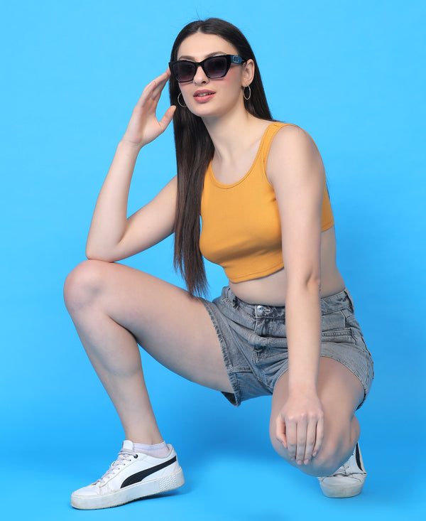 T.T. Women|Ribbed Crop Top|Sleeveless Round Neck Slim Fit Aesthetic Streetwear Top|Stretchable Cotton Fabric|Tshirt|Top||Mustard
