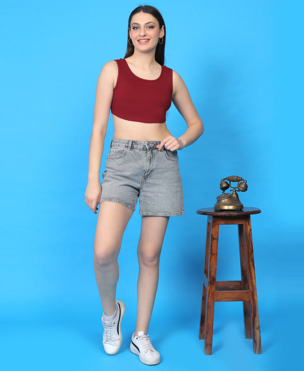 T.T. Women|Ribbed Crop Top|Sleeveless Round Neck Slim Fit Aesthetic Streetwear Top|Stretchable Cotton Fabric|Tshirt|Top||Maroon