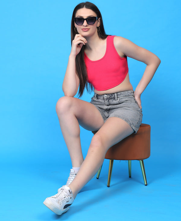 T.T. Women|Ribbed Crop Top|Sleeveless Round Neck Slim Fit Aesthetic Streetwear Top|Stretchable Cotton Fabric|Tshirt|Top||L.Pink