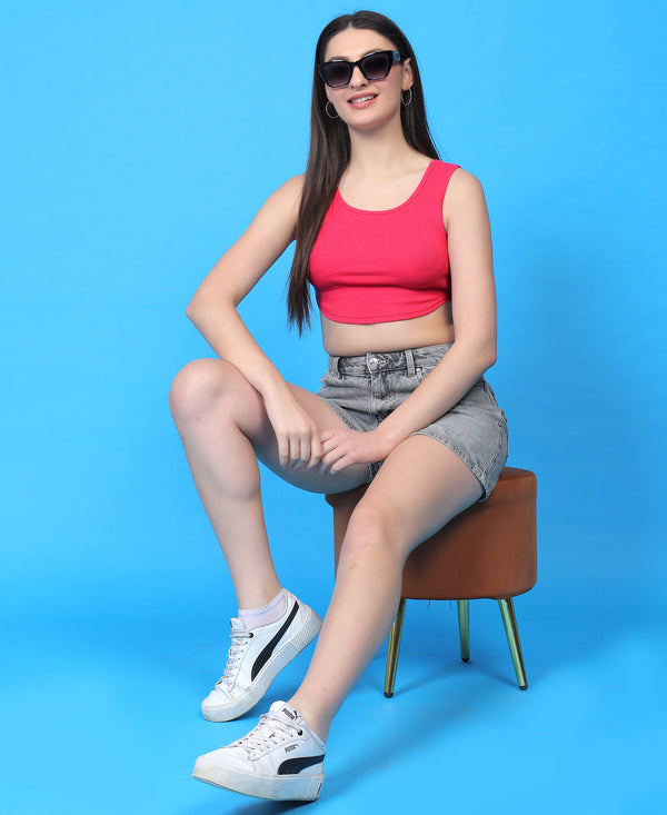 T.T. Women|Ribbed Crop Top|Sleeveless Round Neck Slim Fit Aesthetic Streetwear Top|Stretchable Cotton Fabric|Tshirt|Top||L.Pink