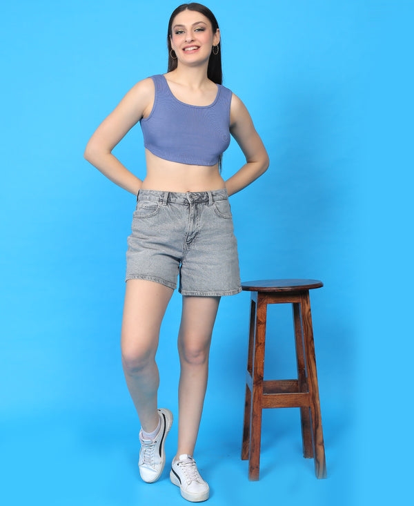 T.T. Women|Ribbed Crop Top|Sleeveless Round Neck Slim Fit Aesthetic Streetwear Top|Stretchable Cotton Fabric|Tshirt|Top||Blue