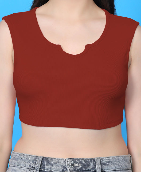 T.T. Women|Ribbed Crop Top|Sleeveless Notch Neck Slim Fit Aesthetic Streetwear Top|Stretchable Cotton Fabric|Tshirt|Top||Rust