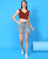 T.T. Women|Ribbed Crop Top|Sleeveless Notch Neck Slim Fit Aesthetic Streetwear Top|Stretchable Cotton Fabric|Tshirt|Top||Rust