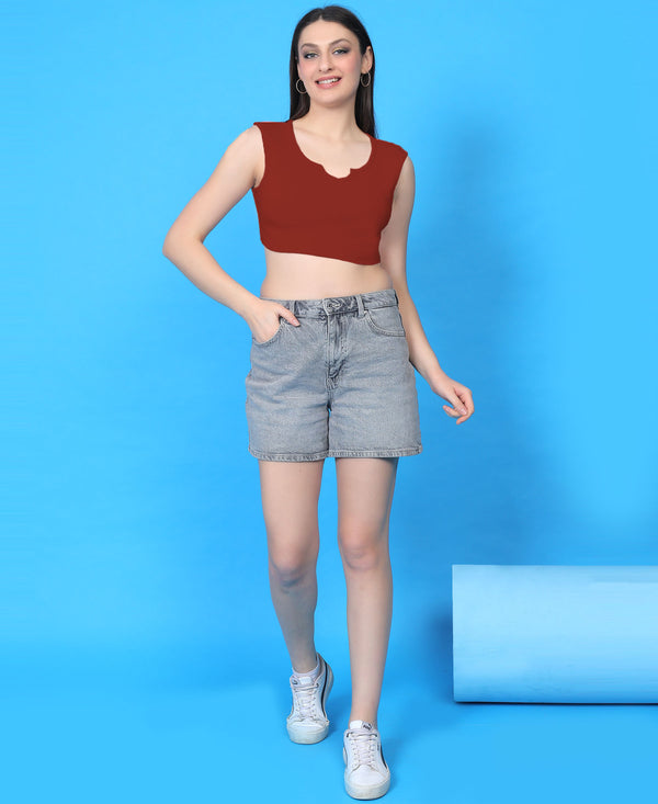 T.T. Women|Ribbed Crop Top|Sleeveless Notch Neck Slim Fit Aesthetic Streetwear Top|Stretchable Cotton Fabric|Tshirt|Top||Rust