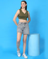 T.T. Women|Ribbed Crop Top|Sleeveless Notch Neck Slim Fit Aesthetic Streetwear Top|Stretchable Cotton Fabric|Tshirt|Top||Olive