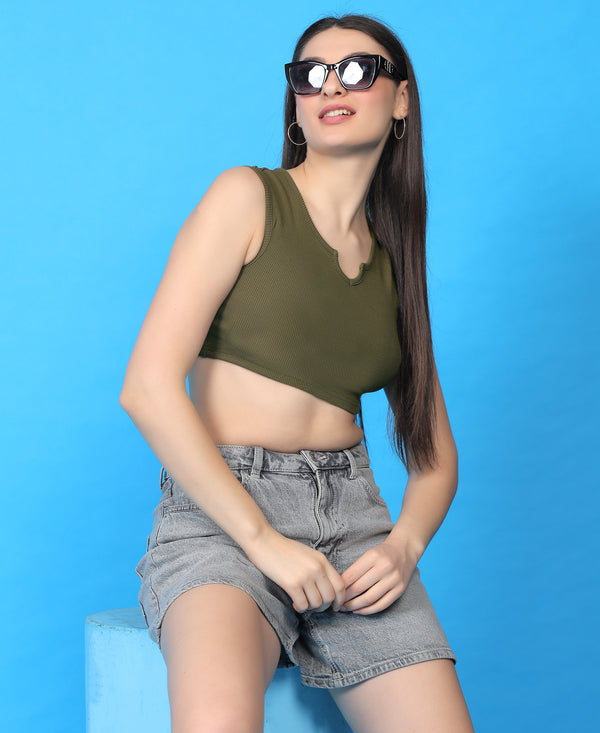 T.T. Women|Ribbed Crop Top|Sleeveless Notch Neck Slim Fit Aesthetic Streetwear Top|Stretchable Cotton Fabric|Tshirt|Top||Olive
