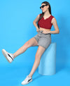 T.T. Women|Ribbed Crop Top|Sleeveless Notch Neck Slim Fit Aesthetic Streetwear Top|Stretchable Cotton Fabric|Tshirt|Top||Maroon