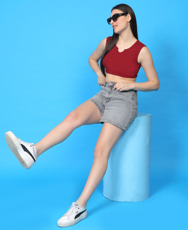 T.T. Women|Ribbed Crop Top|Sleeveless Notch Neck Slim Fit Aesthetic Streetwear Top|Stretchable Cotton Fabric|Tshirt|Top||Maroon