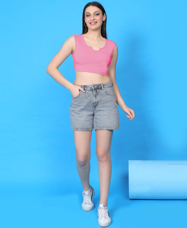 T.T. Women|Ribbed Crop Top|Sleeveless Notch Neck Slim Fit Aesthetic Streetwear Top|Stretchable Cotton Fabric|Tshirt|Top||L.Pink
