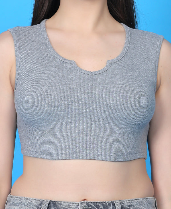 T.T. Women|Ribbed Crop Top|Sleeveless Notch Neck Slim Fit Aesthetic Streetwear Top|Stretchable Cotton Fabric|Tshirt|Top||Grey