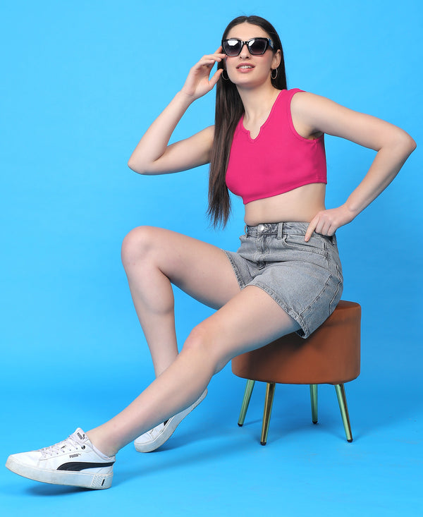 T.T. Women|Ribbed Crop Top|Sleeveless Notch Neck Slim Fit Aesthetic Streetwear Top|Stretchable Cotton Fabric|Tshirt|Top||Fuchsia