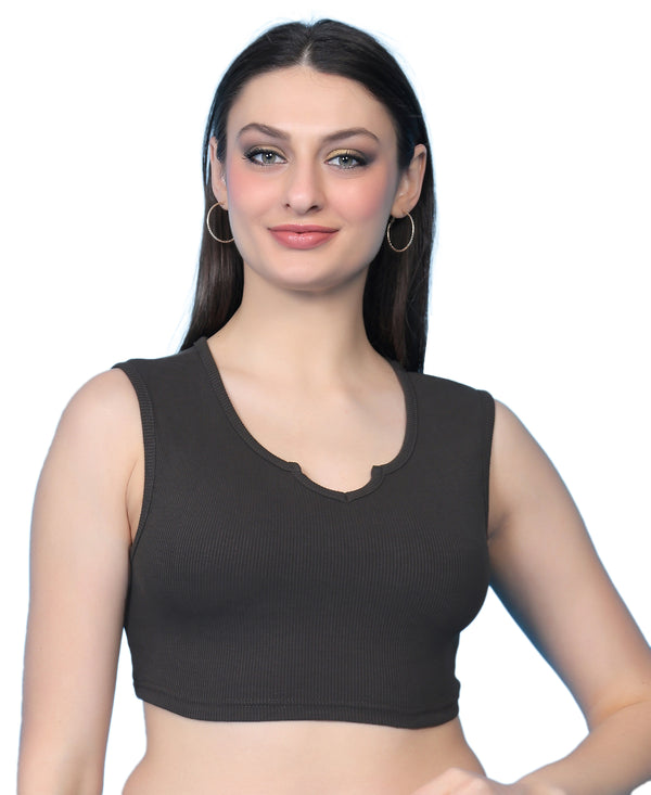 T.T. Women|Ribbed Crop Top|Sleeveless Notch Neck Slim Fit Aesthetic Streetwear Top|Stretchable Cotton Fabric|Tshirt|Top||D.Grey