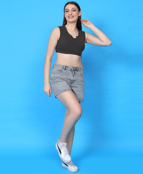 T.T. Women|Ribbed Crop Top|Sleeveless Notch Neck Slim Fit Aesthetic Streetwear Top|Stretchable Cotton Fabric|Tshirt|Top||D.Grey