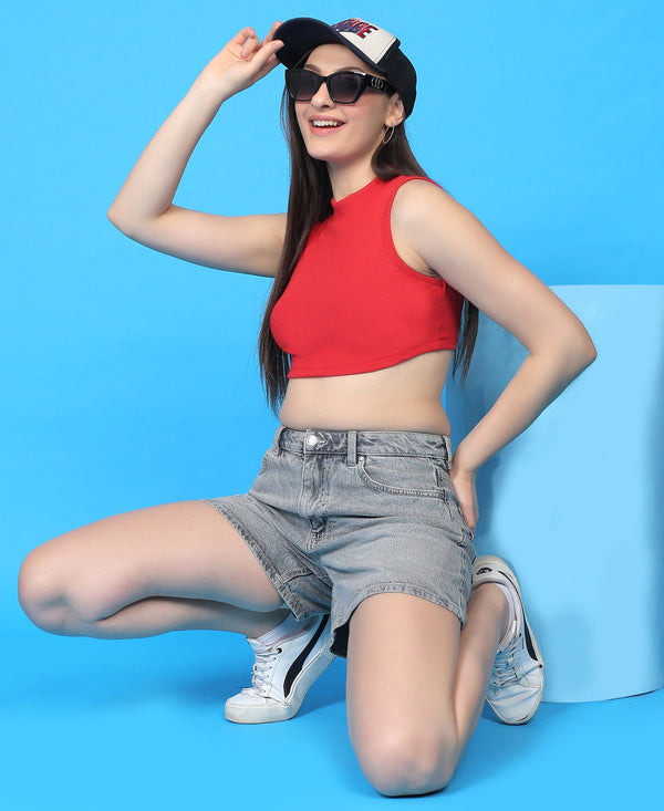 T.T. Women|Ribbed Crop Top|Sleeveless High Neck Slim Fit Aesthetic Streetwear Top|Stretchable Cotton Fabric|Tshirt|Top||Red