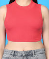 T.T. Women|Ribbed Crop Top|Sleeveless High Neck Slim Fit Aesthetic Streetwear Top|Stretchable Cotton Fabric|Tshirt|Top||Coral