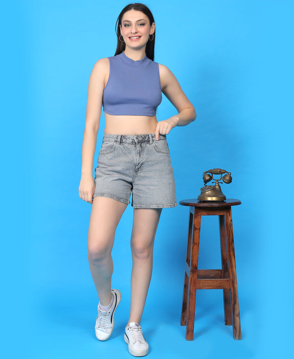 T.T. Women|Ribbed Crop Top|Sleeveless High Neck Slim Fit Aesthetic Streetwear Top|Stretchable Cotton Fabric|Tshirt|Top||L. Blue