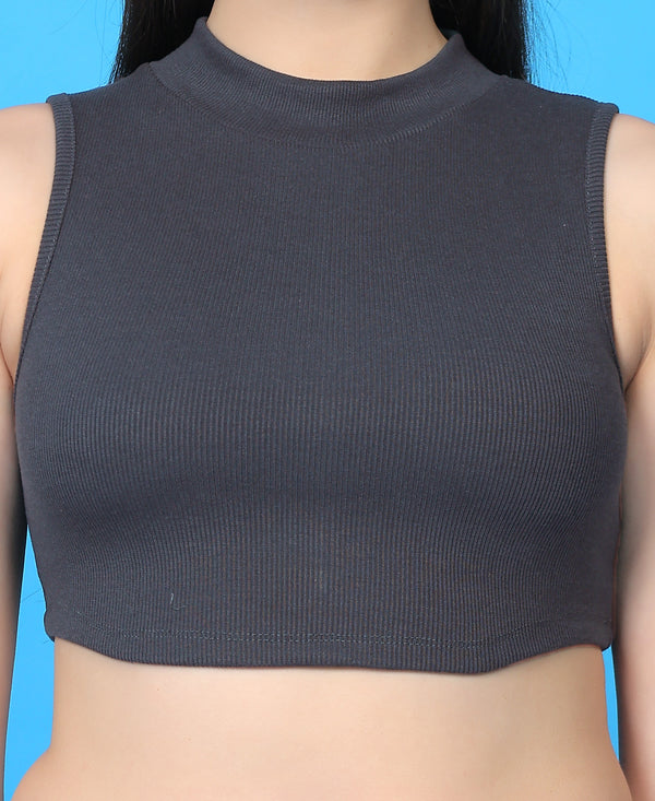 T.T. Women|Ribbed Crop Top|Sleeveless High Neck Slim Fit Aesthetic Streetwear Top|Stretchable Cotton Fabric|Tshirt|Top||D.Grey