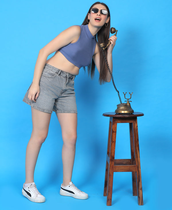 T.T. Women|Ribbed Crop Top|Sleeveless High Neck Slim Fit Aesthetic Streetwear Top|Stretchable Cotton Fabric|Tshirt|Top||L. Blue