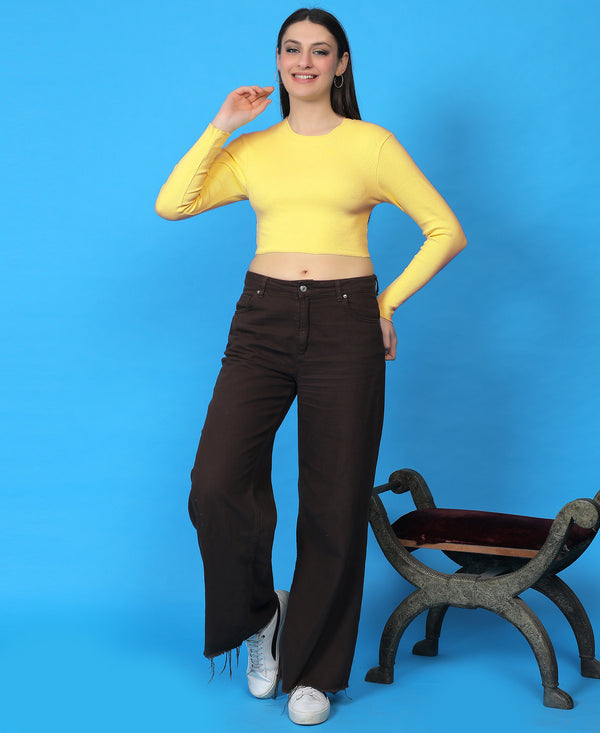 T.T. Women|Stylish Crop Top|Ribbed Slim Fit Full Sleeve Round Neck Trendy Casual Wear Top|Stretchable Cotton Fabric|Tshirt|Top||Yellow
