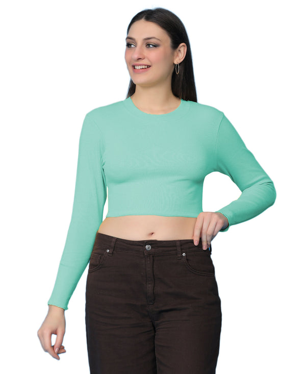 T.T. Women|Stylish Crop Top|Ribbed Slim Fit Full Sleeve Round Neck Trendy Casual Wear Top|Stretchable Cotton Fabric|Tshirt|Top||Tealblue