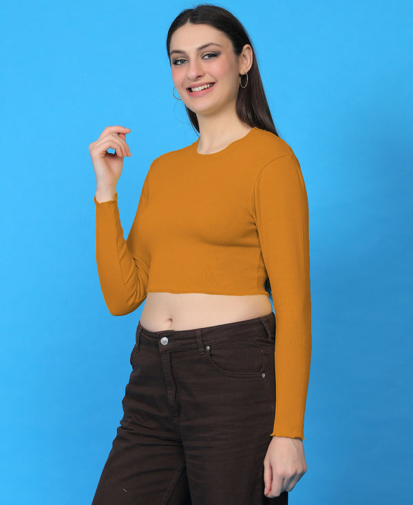 T.T. Women|Stylish Crop Top|Ribbed Slim Fit Full Sleeve Round Neck Trendy Casual Wear Top|Stretchable Cotton Fabric|Tshirt|Top||Mustard