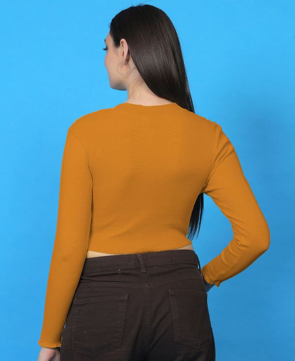 T.T. Women|Stylish Crop Top|Ribbed Slim Fit Full Sleeve Round Neck Trendy Casual Wear Top|Stretchable Cotton Fabric|Tshirt|Top||Mustard