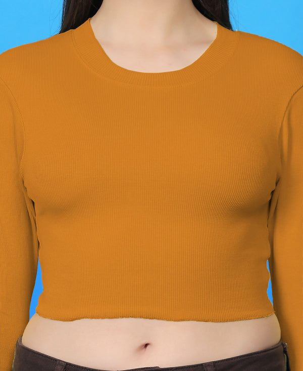 T.T. Women|Stylish Crop Top|Ribbed Slim Fit Full Sleeve Round Neck Trendy Casual Wear Top|Stretchable Cotton Fabric|Tshirt|Top||Mustard