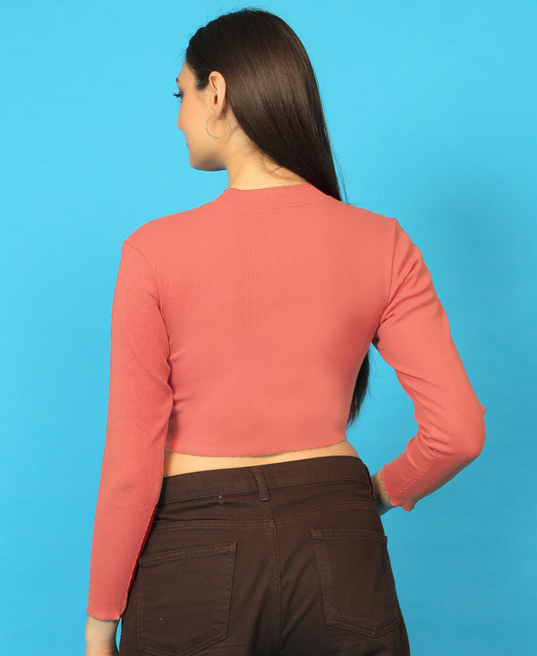 T.T. Women|Stylish Crop Top|Ribbed Slim Fit Full Sleeve Round Neck Trendy Casual Wear Top|Stretchable Cotton Fabric|Tshirt|Top||Light Pink