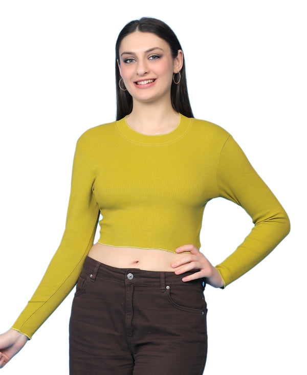 T.T. Women|Stylish Crop Top|Ribbed Slim Fit Full Sleeve Round Neck Trendy Casual Wear Top|Stretchable Cotton Fabric|Tshirt|Top||Light Green