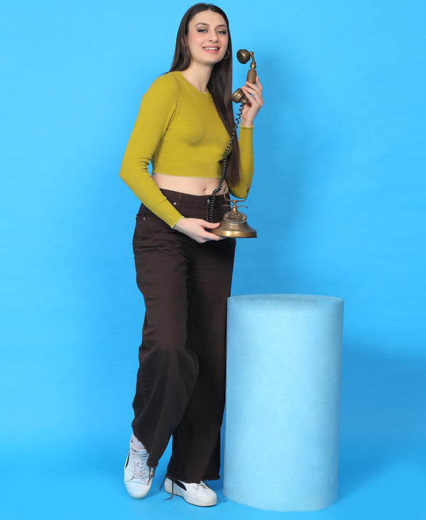 T.T. Women|Stylish Crop Top|Ribbed Slim Fit Full Sleeve Round Neck Trendy Casual Wear Top|Stretchable Cotton Fabric|Tshirt|Top||Light Green