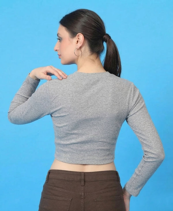 T.T. Women|Stylish Crop Top|Ribbed Slim Fit Full Sleeve Round Neck Trendy Casual Wear Top|Stretchable Cotton Fabric|Tshirt|Top||Grey Melange