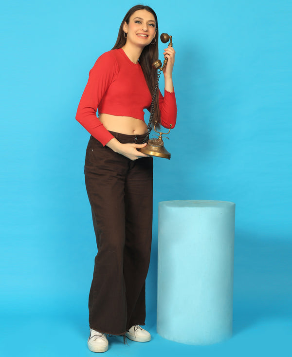 T.T. Women|Stylish Crop Top|Ribbed Slim Fit Full Sleeve Round Neck Trendy Casual Wear Top|Stretchable Cotton Fabric|Tshirt|Top||Red