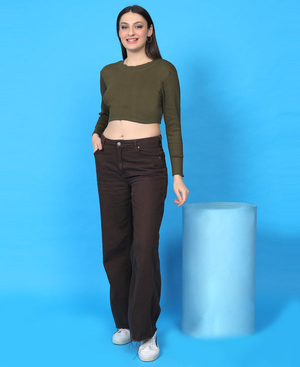 T.T. Women|Stylish Crop Top|Ribbed Slim Fit Full Sleeve Round Neck Trendy Casual Wear Top|Stretchable Cotton Fabric|Tshirt|Top||Olive