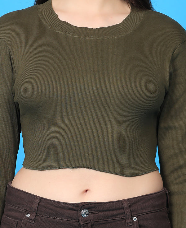 T.T. Women|Stylish Crop Top|Ribbed Slim Fit Full Sleeve Round Neck Trendy Casual Wear Top|Stretchable Cotton Fabric|Tshirt|Top||Olive