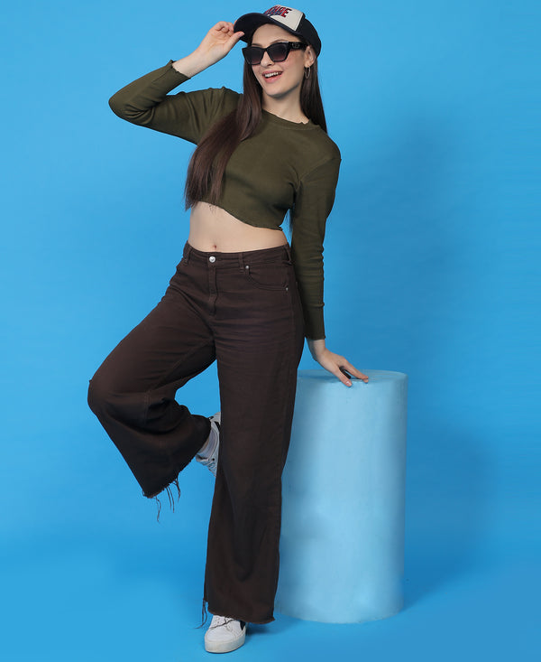 T.T. Women|Stylish Crop Top|Ribbed Slim Fit Full Sleeve Round Neck Trendy Casual Wear Top|Stretchable Cotton Fabric|Tshirt|Top||Olive