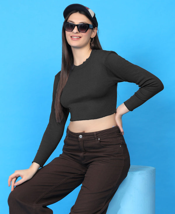 T.T. Women|Stylish Crop Top|Ribbed Slim Fit Full Sleeve Round Neck Trendy Casual Wear Top|Stretchable Cotton Fabric|Tshirt|Top||D.Grey