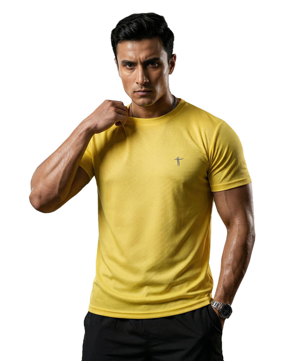 T.T. Men Dri-Fit Polyester Dot- Knit Fabric Round Neck Tees Yellow