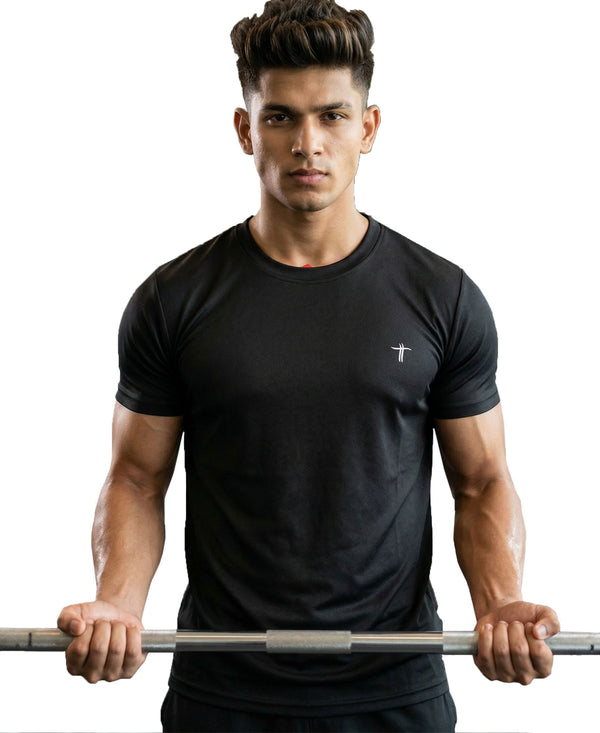 T.T. Men Dri-Fit Polyester Dot- Knit Fabric Round Neck TeesBlack