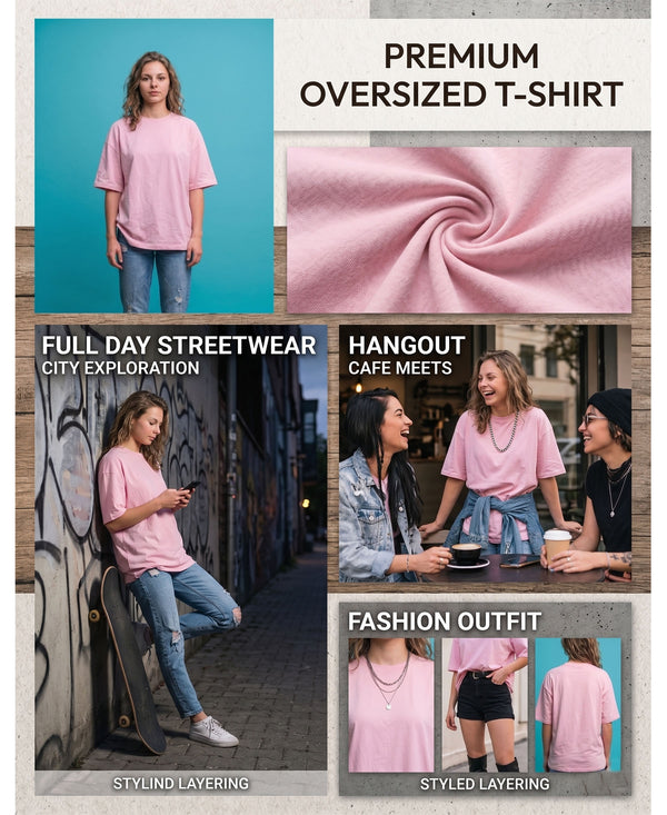 T.T. Women Oversized Fit Cotton Round Neck Tees Pink